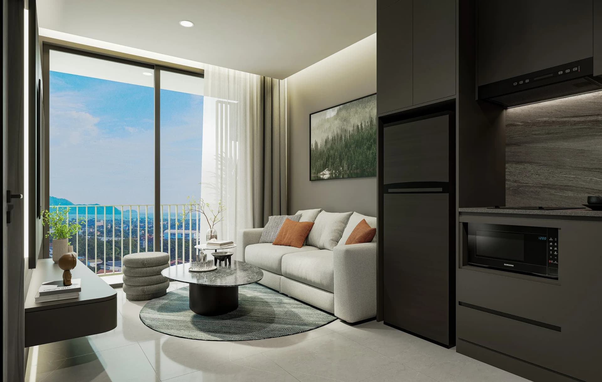 One-bedroom 34.5 m²: living room with a sofa and a balcony over hills and the sea